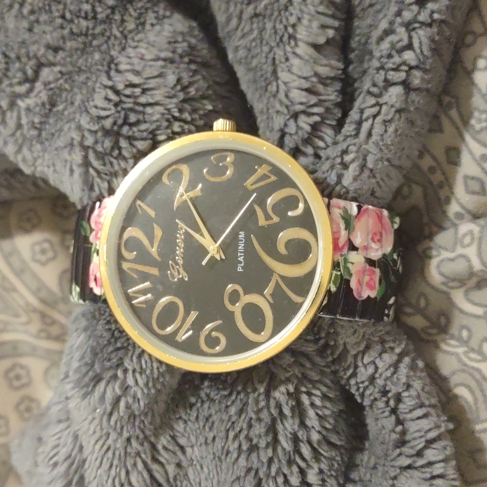 GENOVA PLATINUM LARGE NUMBER DIAL AND FLORAL BAND WATCH, EASY TO READ